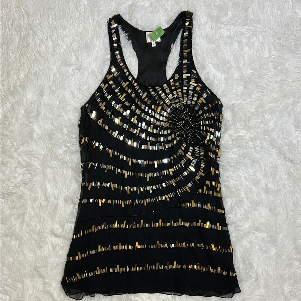 Parker Black Beaded Gold Silver Accent Sheer Mini Dress | Size Medium